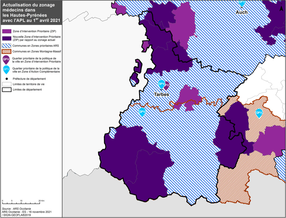 Carte Zonage des médecins dans les Hautes-Pyrénées